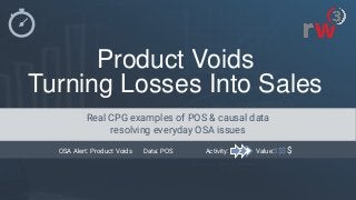 Product Voids
Turning Losses Into Sales
Value:$$$$Activity:OSA Alert: Product Voids Data: POS
Real CPG examples of POS & causal data
resolving everyday OSA issues
 