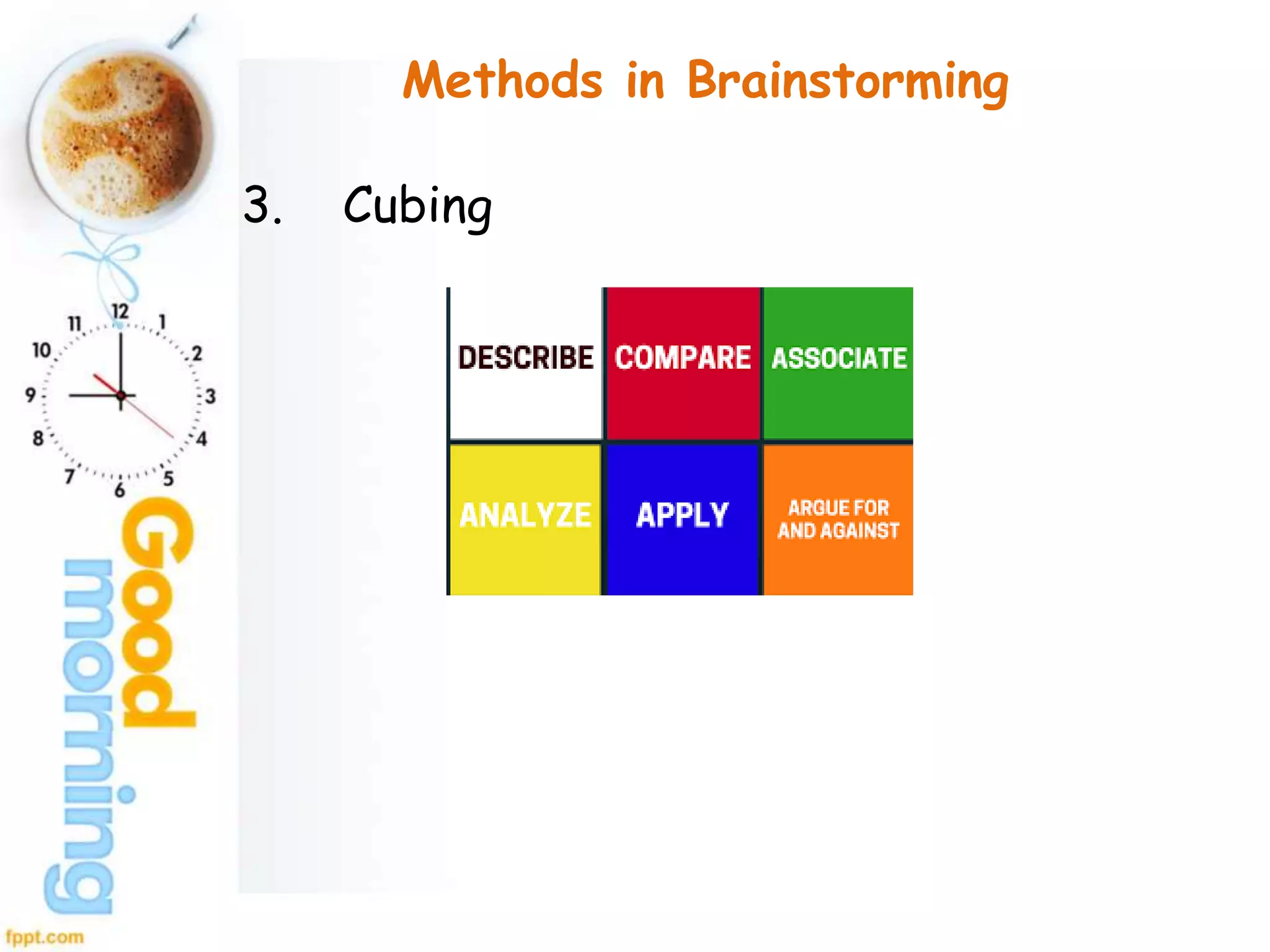 Methods in Brainstorming
3. Cubing
 