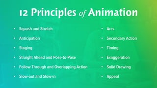 12 Principles of Animation 
• Squash and Stretch 
• Anticipation 
• Staging 
• Straight Ahead and Pose-to-Pose 
• Follow Through and Overlapping Action 
• Slow-out and Slow-in 
• Arcs 
• Secondary Action 
• Timing 
• Exaggeration 
• Solid Drawing 
• Appeal 
 