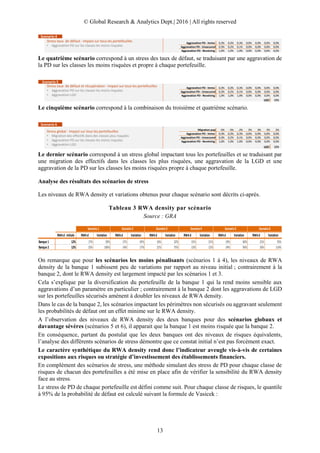 © Global Research & Analytics Dept.| 2016 | All rights reserved
13
Le quatrième scénario correspond à un stress des taux de défaut, se traduisant par une aggravation de
la PD sur les classes les moins risquées et propre à chaque portefeuille.
Le cinquième scénario correspond à la combinaison du troisième et quatrième scénario.
Le dernier scénario correspond à un stress global impactant tous les portefeuilles et se traduisant par
une migration des effectifs dans les classes les plus risquées, une aggravation de la LGD et une
aggravation de la PD sur les classes les moins risquées propre à chaque portefeuille.
Analyse des résultats des scénarios de stress
Les niveaux de RWA density et variations obtenus pour chaque scénario sont décrits ci-après.
Tableau 3 RWA density par scénario
Source : GRA
On remarque que pour les scénarios les moins pénalisants (scénarios 1 à 4), les niveaux de RWA
density de la banque 1 subissent peu de variations par rapport au niveau initial ; contrairement à la
banque 2, dont le RWA density est largement impacté par les scénarios 1 et 3.
Cela s’explique par la diversification du portefeuille de la banque 1 qui la rend moins sensible aux
aggravations d’un paramètre en particulier ; contrairement à la banque 2 dont les aggravations de LGD
sur les portefeuilles sécurisés amènent à doubler les niveaux de RWA density.
Dans le cas de la banque 2, les scénarios impactant les périmètres non sécurisés ou aggravant seulement
les probabilités de défaut ont un effet minime sur le RWA density.
A l’observation des niveaux de RWA density des deux banques pour des scénarios globaux et
davantage sévères (scénarios 5 et 6), il apparait que la banque 1 est moins risquée que la banque 2.
En conséquence, partant du postulat que les deux banques ont des niveaux de risques équivalents,
l’analyse des différents scénarios de stress démontre que ce constat initial n’est pas forcément exact.
Le caractère synthétique du RWA density rend donc l’indicateur aveugle vis-à-vis de certaines
expositions aux risques ou stratégie d’investissement des établissements financiers.
En complément des scénarios de stress, une méthode simulant des stress de PD pour chaque classe de
risques de chacun des portefeuilles a été mise en place afin de vérifier la sensibilité du RWA density
face au stress.
Le stress de PD de chaque portefeuille est défini comme suit. Pour chaque classe de risques, le quantile
à 95% de la probabilité de défaut est calculé suivant la formule de Vasicek :
Stress taux de défaut - Impact sur tous les portefeuilles
• Aggravation PD sur les classes les moins risquées
Scenario 4
Aggravation PD - Immo 0,3% 0,3% 0,3% 0,0% 0,0% 0,0% 0,0%
Aggravation PD - Unsecured 0,3% 0,2% 0,1% 0,0% 0,0% 0,0% 0,0%
Aggravation PD - Revolving 1,0% 1,0% 1,0% 0,0% 0,0% 0,0% 0,0%
Stress taux de défaut et récupération - Impact sur tous les portefeuilles
• Aggravation PD sur les classes les moins risquées
• Aggravation LGD
Scenario 5
Aggravation PD - Immo 0,3% 0,3% 0,3% 0,0% 0,0% 0,0% 0,0%
Aggravation PD - Unsecured 0,3% 0,2% 0,1% 0,0% 0,0% 0,0% 0,0%
Aggravation PD - Revolving 1,0% 1,0% 1,0% 0,0% 0,0% 0,0% 0,0%
LGD 10%
Stress global - Impact sur tous les portefeuilles
• Migration des effectifs dans des classes plus risquées
• Aggravation PD sur les classes les moins risquées
• Aggravation LGD
Scenario 6
LGD 10%
Migration pop -5% -5% -2% 2% 3% 5% 2%
Aggravation PD - Immo 0,3% 0,3% 0,3% 0,0% 0,0% 0,0% 0,0%
Aggravation PD - Unsecured 0,3% 0,2% 0,1% 0,0% 0,0% 0,0% 0,0%
Aggravation PD - Revolving 1,0% 1,0% 1,0% 0,0% 0,0% 0,0% 0,0%
RWAd-Initiale RWAd Variation RWAd Variation RWAd Variation RWAd Variation RWAd Variation RWAd Variation
Banque1 12% 17% 39% 17% 45% 16% 32% 15% 21% 19% 60% 21% 76%
Banque2 12% 25% 106% 14% 17% 21% 75% 13% 12% 24% 96% 26% 114%
Scenario6Scenario1 Scenario2 Scenario3 Scenario4 Scenario5
 