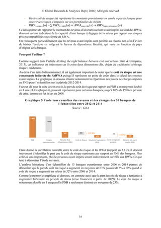 © Global Research & Analytics Dept.| 2016 | All rights reserved
16
– Où le coût du risque (a) représente les montants provisionnés en année a par la banque pour
couvrir les risques d’impayés sur ses portefeuilles de crédits
– 𝑅𝑊𝐴 𝑡𝑜𝑡𝑎𝑢𝑥(𝑎) = ∑ 𝑅𝑊𝐴 𝑐𝑟é𝑑𝑖𝑡(𝑎) + 𝑅𝑊𝐴 𝑚𝑎𝑟𝑐ℎé(𝑎) + 𝑅𝑊𝐴 𝑜𝑝é𝑟𝑎𝑡𝑖𝑜𝑛𝑛𝑒𝑙(𝑎)
Ce ratio permet de rapporter le montant des revenus d’un établissement avant impôts au total des RWA,
donnant un bon indicateur de la capacité d’une banque à dégager de la valeur par rapport aux risques
pris et comptabilisés sous forme de RWA.
On remarquera particulièrement que les revenus avant impôts sont préférés au résultat net, afin d’éviter
de biaiser l’analyse en intégrant le facteur de dépendance fiscalité, qui varie en fonction du pays
d’origine de la banque.
Pourquoi l’utiliser ?
Comme suggéré dans l’article Striking the right balance between risk and return (Bain & Company,
2013), cet indicateur est intéressant car il croise deux dimensions clés, objets du traditionnel arbitrage
risque / rendement.
Au-delà d’un ratio bidimensionnel, il est également important de noter que le coût du risque est une
composante indirecte du RoRWA puisqu’il représente un poste de coûts dans le calcul des revenus
avant impôts. Le graphique ci-dessous illustre notamment la répartition des postes de charges imputés
au PNB pour l’échantillon sur la période 2012-2014.
Facteur clé pour la suite de cet article, la part du coût du risque par rapport au PNB a en moyenne doublé
en 8 ans (cf. Graphique 6), pouvant représenter pour certaines banques jusqu’à 80% du PNB en période
de crise, comme ce fut le cas en 2008.
Graphique 5 Evolutions cumulées des revenus et des charges des 20 banques de
l’échantillon entre 2012 et 2014
Source : GRA
Etant donné la corrélation naturelle entre le coût du risque et les RWA (rappelé en 3.1.2), il devient
intéressant d’identifier la part que le coût du risque représente par rapport au PNB des banques. Plus
celle-ci sera importante, plus les revenus avant impôts seront indirectement corrélés aux RWA. Ce que
tend à démontrer l’étude suivante.
L’analyse historique d’un échantillon de 13 banques européennes entre 2006 et 2014 permet de
démontrer que la part du coût du risque a augmenté en moyenne de 63% passant de 6% à 10% quand le
coût du risque a augmenté en valeur de 52% entre 2006 et 2014.
Comme le montre le graphique ci-dessous, on constate aussi que la part du coût du risque a tendance à
augmenter fortement en période de stress (crise financière à partir de 2009). Le coût du risque a
notamment doublé en 1 an quand le PNB a seulement diminué en moyenne de 23%.
1 403
383
175 188
1 020
209 13
PNB Charges
opérationnelles
Coût du Risque Résultat net avant
impôts (RNI)
15% RNI
1% RNI
Résultat d'exploitation
(REX)
Autres charges et
produits
Résultat Brut
d'Exploitation (RBE)
 