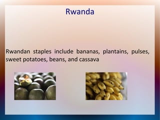 Rwanda

Rwandan staples include bananas, plantains, pulses,
sweet potatoes, beans, and cassava

 