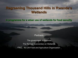 The government of Rwanda The Ramsar Convention on Wetlands FAO,  the UN Food and Agriculture Organization   Regreening Thousand Hills in Rwanda’s Wetlands A programme for a wiser use of wetlands for food security Partners 