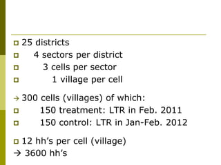  25 districts
   4 sectors per district
      3 cells per sector
        1 village per cell

 300 cells (villages) of which:
     150 treatment: LTR in Feb. 2011
     150 control: LTR in Jan-Feb. 2012

12 hh’s per cell (village)
 3600 hh’s
 