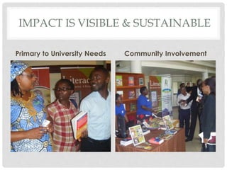 IMPACT IS VISIBLE & SUSTAINABLE
Primary to University Needs Community Involvement