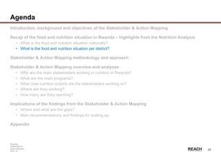 Rwanda
Stakeholder &
Action Mapping
2014-15 -
23
Agenda
Introduction, background and objectives of the Stakeholder & Action Mapping
Recap of the food and nutrition situation in Rwanda – highlights from the Nutrition Analysis
• What is the food and nutrition situation nationally?
• What is the food and nutrition situation per district?
Stakeholder & Action Mapping methodology and approach
Stakeholder & Action Mapping overview and analyses
• Who are the main stakeholders working in nutrition in Rwanda?
• What are the main programs?
• What core nutrition actions are the stakeholders working on?
• Where are they working?
• How many are they reaching?
Implications of the findings from the Stakeholder & Action Mapping
• Where and what are the gaps?
• Main recommendations and findings for scaling up
Appendix