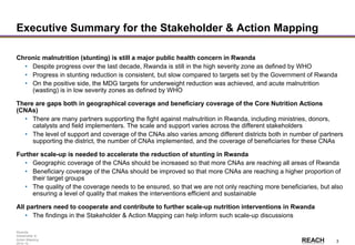 Rwanda
Stakeholder &
Action Mapping
2014-15 -
3
Executive Summary for the Stakeholder & Action Mapping
Chronic malnutrition (stunting) is still a major public health concern in Rwanda
• Despite progress over the last decade, Rwanda is still in the high severity zone as defined by WHO
• Progress in stunting reduction is consistent, but slow compared to targets set by the Government of Rwanda
• On the positive side, the MDG targets for underweight reduction was achieved, and acute malnutrition
(wasting) is in low severity zones as defined by WHO
There are gaps both in geographical coverage and beneficiary coverage of the Core Nutrition Actions
(CNAs)
• There are many partners supporting the fight against malnutrition in Rwanda, including ministries, donors,
catalysts and field implementers. The scale and support varies across the different stakeholders
• The level of support and coverage of the CNAs also varies among different districts both in number of partners
supporting the district, the number of CNAs implemented, and the coverage of beneficiaries for these CNAs
Further scale-up is needed to accelerate the reduction of stunting in Rwanda
• Geographic coverage of the CNAs should be increased so that more CNAs are reaching all areas of Rwanda
• Beneficiary coverage of the CNAs should be improved so that more CNAs are reaching a higher proportion of
their target groups
• The quality of the coverage needs to be ensured, so that we are not only reaching more beneficiaries, but also
ensuring a level of quality that makes the interventions efficient and sustainable
All partners need to cooperate and contribute to further scale-up nutrition interventions in Rwanda
• The findings in the Stakeholder & Action Mapping can help inform such scale-up discussions
