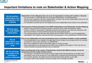 Rwanda
Stakeholder &
Action Mapping
2014-15 -
35
Important limitations to note on Stakeholder & Action Mapping
Not all nutrition
stakeholders have
participated in the
mapping
Stakeholder & Action Mapping does not cover all organizations working with nutrition in Rwanda
• Focus has been on capturing data from the largest stakeholders, not all stakeholders
• We have sent requests to all known stakeholders, but there may be other organizations that we do not
yet know about that have not been reached out to
• It is voluntary to provide input on the mapping, and some stakeholders have chosen not to participate
Not all
stakeholders have
good data or data
at all
Even for the stakeholders who have participated, there is sometimes limitation in data availability
• Not all stakeholders have collected coverage data for their programs and projects (this is for example
a problem for some of the ministries, e.g. MIGEPROF)
• Some have collected the data, but the data quality is not good enough
• Some organizations are very large and are doing many programs and projects. There may then be
nutrition activities conducted that they have not reported
Missing input
from most WASH
stakeholders
There has been limited participation from WASH stakeholders in the Stakeholder & Action Mapping
• WASH is very important for stunting reduction, and three of the CNAs are related to WASH
• However, WASH is coordinated in separate technical working groups, and have less interaction with
the Food & Nutrition Technical Working Groups than what would be ideal
• The mapping request was therefore also shared with the WASH TWGs, but very few stakeholders
participated in the mapping, meaning that there are large gaps in the completeness of WASH actions
We do not know
the quality of the
coverage or
actions conducted
When providing data of the number of beneficiaries reached with different actions, we do not
necessarily know the quality of these actions
• For example, if one partner have done one large meeting with 500 participants, the quality of the
sensitization may not be as good as if one organization is following 500 beneficiaries individually
• Or for kitchen gardens, the quality and how functional the kitchen garden is may differ
• Coverage is still counted equally, though the quality of the coverage may differ
Data
interpretat.
Note: See also Disclaimer slide