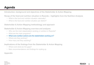 Rwanda
Stakeholder &
Action Mapping
2014-15 -
46
Agenda
Introduction, background and objectives of the Stakeholder & Action Mapping
Recap of the food and nutrition situation in Rwanda – highlights from the Nutrition Analysis
• What is the food and nutrition situation nationally?
• What is the food and nutrition situation per district?
Stakeholder & Action Mapping methodology and approach
Stakeholder & Action Mapping overview and analyses
• Who are the main stakeholders working in nutrition in Rwanda?
• What are the main programs?
• What core nutrition actions are the stakeholders working on?
• Where are they working?
• How many are they reaching?
Implications of the findings from the Stakeholder & Action Mapping
• Where and what are the gaps?
• Main recommendations and findings for scaling up
Appendix