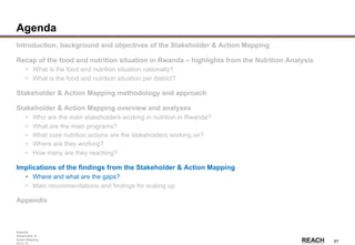 Rwanda
Stakeholder &
Action Mapping
2014-15 -
67
Agenda
Introduction, background and objectives of the Stakeholder & Action Mapping
Recap of the food and nutrition situation in Rwanda – highlights from the Nutrition Analysis
• What is the food and nutrition situation nationally?
• What is the food and nutrition situation per district?
Stakeholder & Action Mapping methodology and approach
Stakeholder & Action Mapping overview and analyses
• Who are the main stakeholders working in nutrition in Rwanda?
• What are the main programs?
• What core nutrition actions are the stakeholders working on?
• Where are they working?
• How many are they reaching?
Implications of the findings from the Stakeholder & Action Mapping
• Where and what are the gaps?
• Main recommendations and findings for scaling up
Appendix