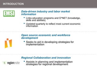 INTRODUCTIONData-driven industry and labor market informationLinks education programs and O*NET (knowledge, skills and abilities)Updated quarterly to reflect most current economic informationOpen source economic and workforce developmentSeeks to aid in developing strategies for implementationRegional Collaboration and innovationAssists in planning and implementation strategies for regional development
