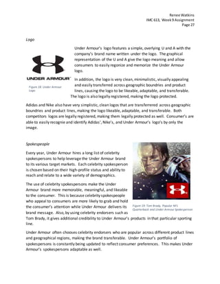 Renee Watkins
IMC 613, Week9 Assignment
Page 27
Logo
Under Armour’s logo features a simple, overlying U and A with the
company’s brand name written under the logo. The graphical
representation of the U and A give the logo meaning and allow
consumers to easily regonize and memorize the Under Armour
logo.
In addition, the logo is very clean, minimalistic, visually appealing
and easily transferred across geographic boundries and product
lines, causing the logo to be likeable, adaptable, and transferable.
The logo is also legally registered, making the logo protected.
Adidas and Nike also have very simplistic, clean logos that are transferrered across geographic
boundries and product lines, making the logo likeable, adaptable, and transferable. Both
competitors logos are legally registered, making them legally protected as well. Consumer’s are
able to easily recognie and identify Adidas’, Nike’s, and Under Armour’s logo’s by only the
image.
Spokespeople
Every year, Under Armour hires a long list of celebrity
spokespersons to help leverage the Under Armour brand
to its various target markets. Each celebrity spokesperson
is chosen based on their high-profile status and ability to
reach and relate to a wide variety of demographics.
The use of celebrity spokespersons make the Under
Armour brand more memorable, meaningful, and likeable
to the consumer. This is because celebrity spokespeople
who appeal to consumers are more likely to grab and hold
the consumer’s attention while Under Armour delivers its
brand message. Also, by using celebrity endorsers such as
Tom Brady, it gives additional credibility to Under Armour’s products in that particular sporting
line.
Under Armour often chooses celebrity endorsers who are popular across different product lines
and geographical regions, making the brand transferable. Under Armour’s portfolio of
spokespersons is constantly being updated to reflect consumer preferences. This makes Under
Armour’s spokespersons adaptable as well.
Figure 18: Under Armour
Logo
Figure 19: Tom Brady, Popular NFL
Quarterback and Under Armour Spokesperson
 