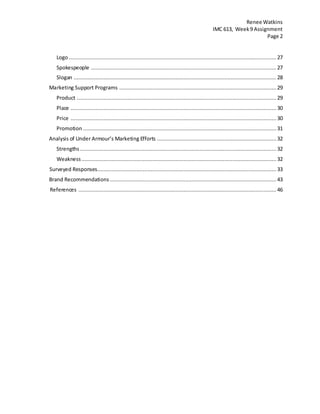 Renee Watkins
IMC 613, Week9 Assignment
Page 2
Logo ....................................................................................................................................27
Spokespeople ...................................................................................................................... 27
Slogan .................................................................................................................................28
Marketing Support Programs ....................................................................................................29
Product ............................................................................................................................... 29
Place ...................................................................................................................................30
Price ...................................................................................................................................30
Promotion ........................................................................................................................... 31
Analysis of Under Armour’s Marketing Efforts ............................................................................ 32
Strengths ............................................................................................................................. 32
Weakness ............................................................................................................................ 32
Surveyed Responses.................................................................................................................. 33
Brand Recommendations .......................................................................................................... 43
References .............................................................................................................................. 46
 