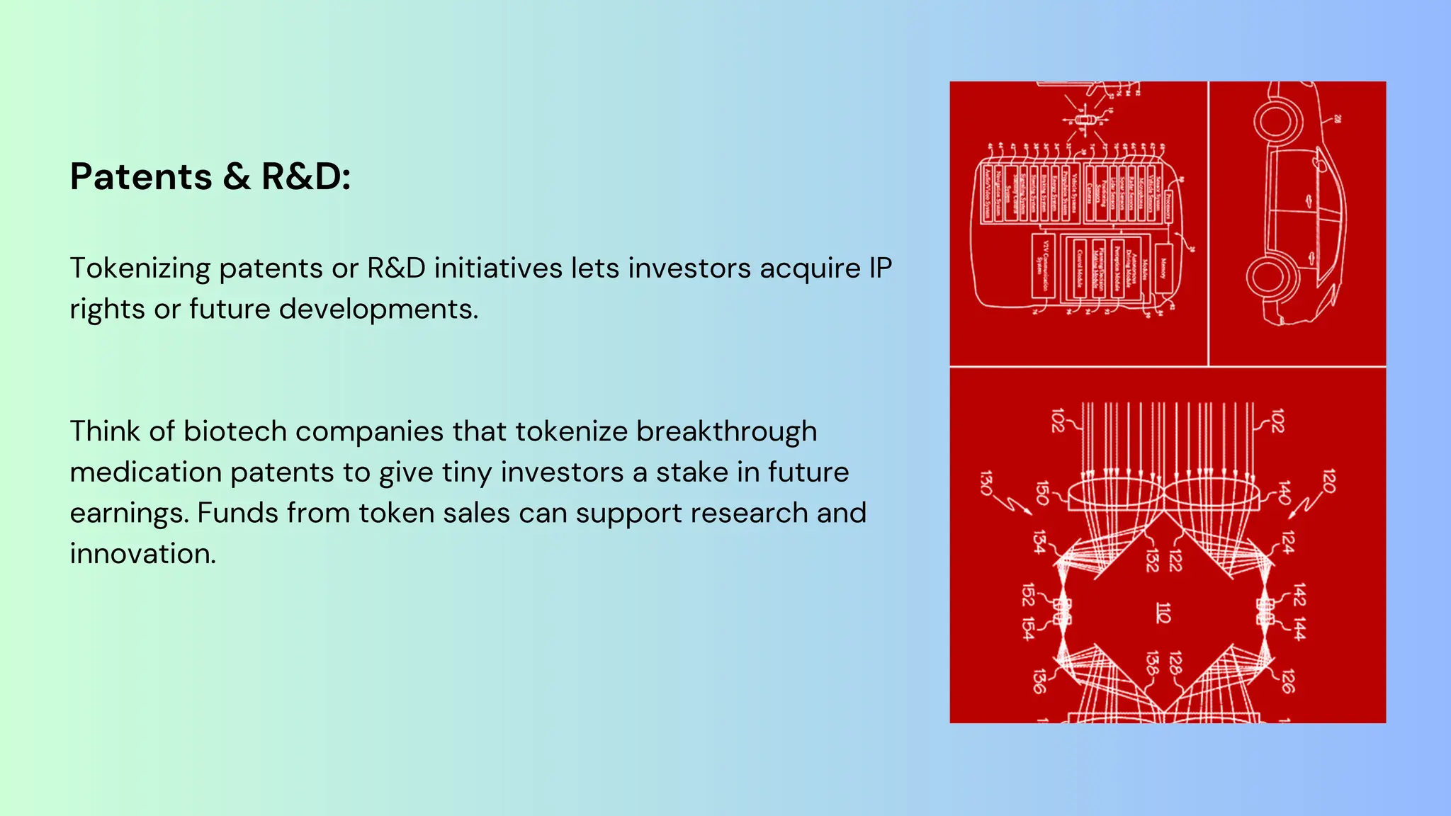 Patents & R&D:
Tokenizing patents or R&D initiatives lets investors acquire IP
rights or future developments.
Think of biotech companies that tokenize breakthrough
medication patents to give tiny investors a stake in future
earnings. Funds from token sales can support research and
innovation.
 
