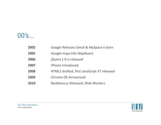 •  The	
  2000’s	
  saw	
  the	
  birth	
  of	
  the	
  RWA	
  
•  Applica<ons	
  like	
  Gmail,	
  Google	
  Maps,	
  and	
  MySpace	
  showed	
  us	
  that	
  web	
  was	
  could	
  
be	
  empowered	
  without	
  the	
  plugin	
  
•  2006	
  jQuery	
  revolu<onized	
  JavaScript.	
  
•  The	
  release	
  and	
  popularity	
  of	
  iOS	
  meant	
  the	
  death	
  of	
  Flash	
  
•  HTML5	
  and	
  TraceMonkey	
  the	
  ﬁrst	
  JIT	
  sparked	
  a	
  new	
  browser	
  war	
  

12	
  

 