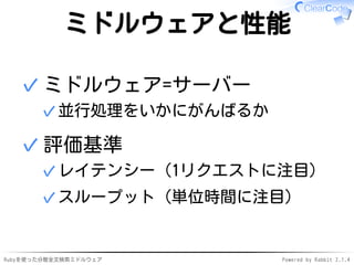 ミドルウェアと性能 
ミドルウェア=サーバー 
✓並行処理をいかにがんばるか 
✓ 
評価基準 
✓レイテンシー（1リクエストに注目） 
✓スループット（単位時間に注目） 
✓ 
Rubyを使った分散全文検索ミドルウェアPowered by Rabbit 2.1.4 
 
