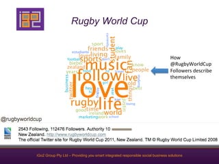 Rugby World Cup


                                                                                 How	
  
                                                                                 @RugbyWorldCup	
  
                                                                                 Followers	
  describe	
  
                                                                                 themselves	
  




iGo2 Group Pty Ltd – Providing you smart integrated responsible social business solutions
 