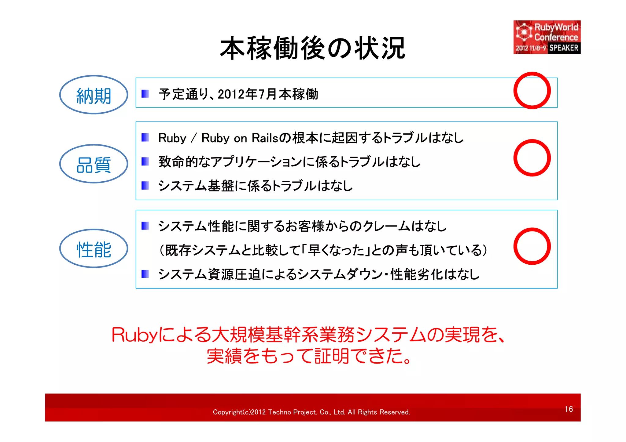 本稼働後の状況
納期     予定通り、2012年7月本稼働


       Ruby / Ruby on Railsの根本に起因するトラブルはなし

品質     致命的なアプリケーションに係るトラブルはなし
       システム基盤に係るトラブルはなし


       システム性能に関するお客様からのクレームはなし
性能     （既存システムと比較して「早くなった」との声も頂いている）
       システム資源圧迫によるシステムダウン・性能劣化はなし



     Rubyによる大規模基幹系業務システムの実現を、
            実績をもって証明できた。

             Copyright(c)2012 Techno Project. Co., Ltd. All Rights Reserved.   16
 