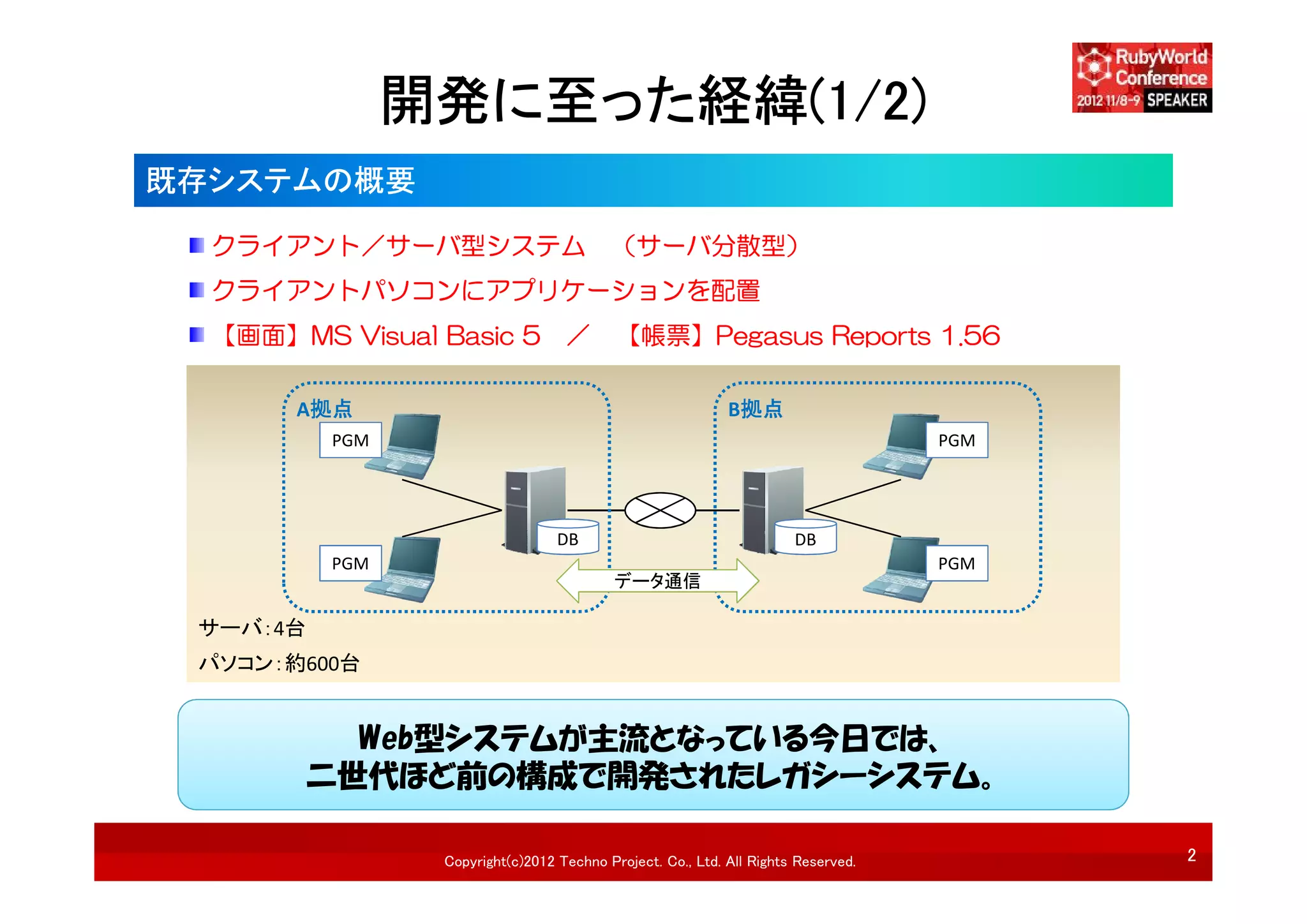 開発に至った経緯(1/2)
既存システムの概要

  クライアント／サーバ型システム                         （サーバ分散型）
  クライアントパソコンにアプリケーションを配置
  【画面】MS Visual Basic 5            ／       【帳票】Pegasus Reports 1.56

       A拠点                                                  B拠点
          PGM                                                                      PGM




                                  DB                                  DB
          PGM                                                                      PGM
                                          データ通信

 サーバ：4台
 パソコン：約600台


          Web型システムが主流となっている今日では、
        二世代ほど前の構成で開発されたレガシーシステム。

                 Copyright(c)2012 Techno Project. Co., Ltd. All Rights Reserved.         2
 