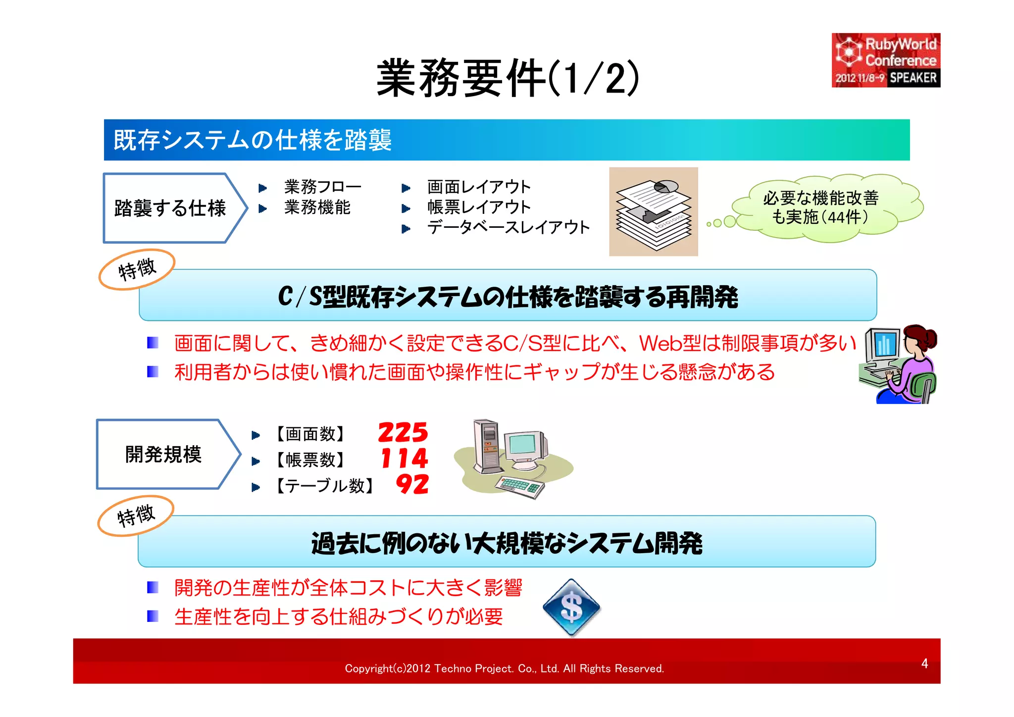 業務要件(1/2)
既存システムの仕様を踏襲
         業務フロー                   画面レイアウト
                                                                                   必要な機能改善
踏襲する仕様   業務機能                    帳票レイアウト
                                                                                    も実施（44件）
                                 データベースレイアウト



         C/S型既存システムの仕様を踏襲する再開発
   画面に関して、きめ細かく設定できるC/S型に比べ、Web型は制限事項が多い
   利用者からは使い慣れた画面や操作性にギャップが生じる懸念がある


         【画面数】  ２２５
開発規模     【帳票数】  １１４
         【テーブル数】 ９２


           過去に例のない大規模なシステム開発
   開発の生産性が全体コストに大きく影響
   生産性を向上する仕組みづくりが必要

                 Copyright(c)2012 Techno Project. Co., Ltd. All Rights Reserved.               4
 