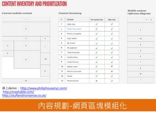內容規劃-網頁區塊模組化
線上demo： http://www.philiphousenyc.com/
http://mashable.com/
http://stuffandnonsense.co.uk/
 