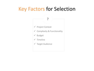 Key Factors for Selection
 Project Context
 Complexity & Functionality
 Budget
 Timeline
 Target Audience
?
 