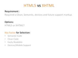 HTML5 vs XHTML
Requirement :
Required a Clean, Semantic, devices and future support markup.
Options:
HTML5 or XHTML?
Key Factor for Selection:
• Semantic Code
• Clean Code
• Easily Readable
• Devices/Mobile Support
 