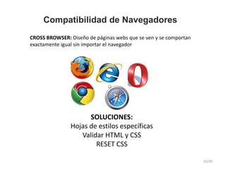 Compatibilidad de Navegadores
CROSS BROWSER: Diseño de páginas webs que se ven y se comportan
exactamente igual sin importar el navegador
SOLUCIONES:
Hojas de estilos específicas
Validar HTML y CSS
RESET CSS
15/30
 