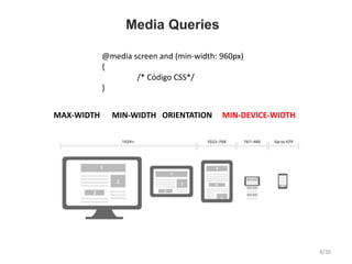 Media Queries
@media screen and (min-width: 960px)
{
/* Código CSS*/
}
MAX-WIDTH MIN-WIDTH ORIENTATION MIN-DEVICE-WIDTH
8/30
 
