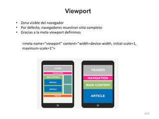 Viewport
• Zona visible del navegador
• Por defecto, navegadores muestran sitio completo
• Gracias a la meta viewport definimos
<meta name="viewport" content="width=device-width, initial-scale=1,
maximum-scale=1">
9/30
 