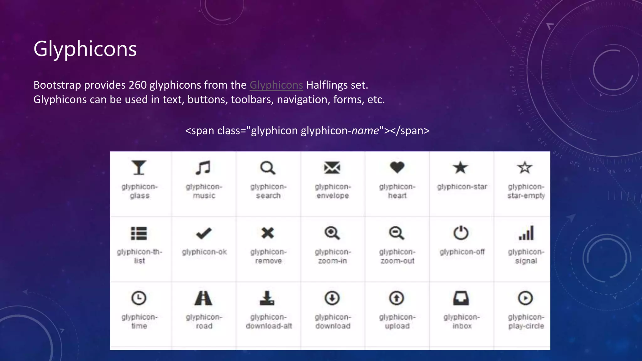 Glyphicons
Bootstrap provides 260 glyphicons from the Glyphicons Halflings set.
Glyphicons can be used in text, buttons, toolbars, navigation, forms, etc.
<span class="glyphicon glyphicon-name"></span>
 