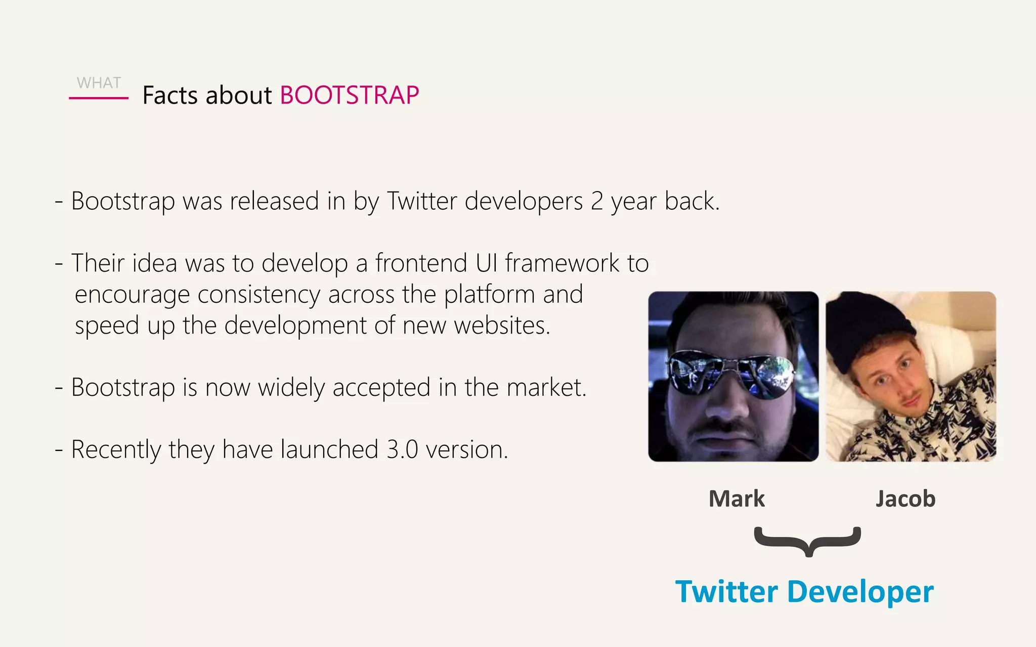 WHAT 
Facts about BOOTSTRAP 
- Bootstrap was released in by Twitter developers 2 year back. 
- Their idea was to develop a frontend UI framework to 
encourage consistency across the platform and 
speed up the development of new websites. 
- Bootstrap is now widely accepted in the market. 
- Recently they have launched 3.0 version. 
Mark Jacob 
} 
Twitter Developer 
 