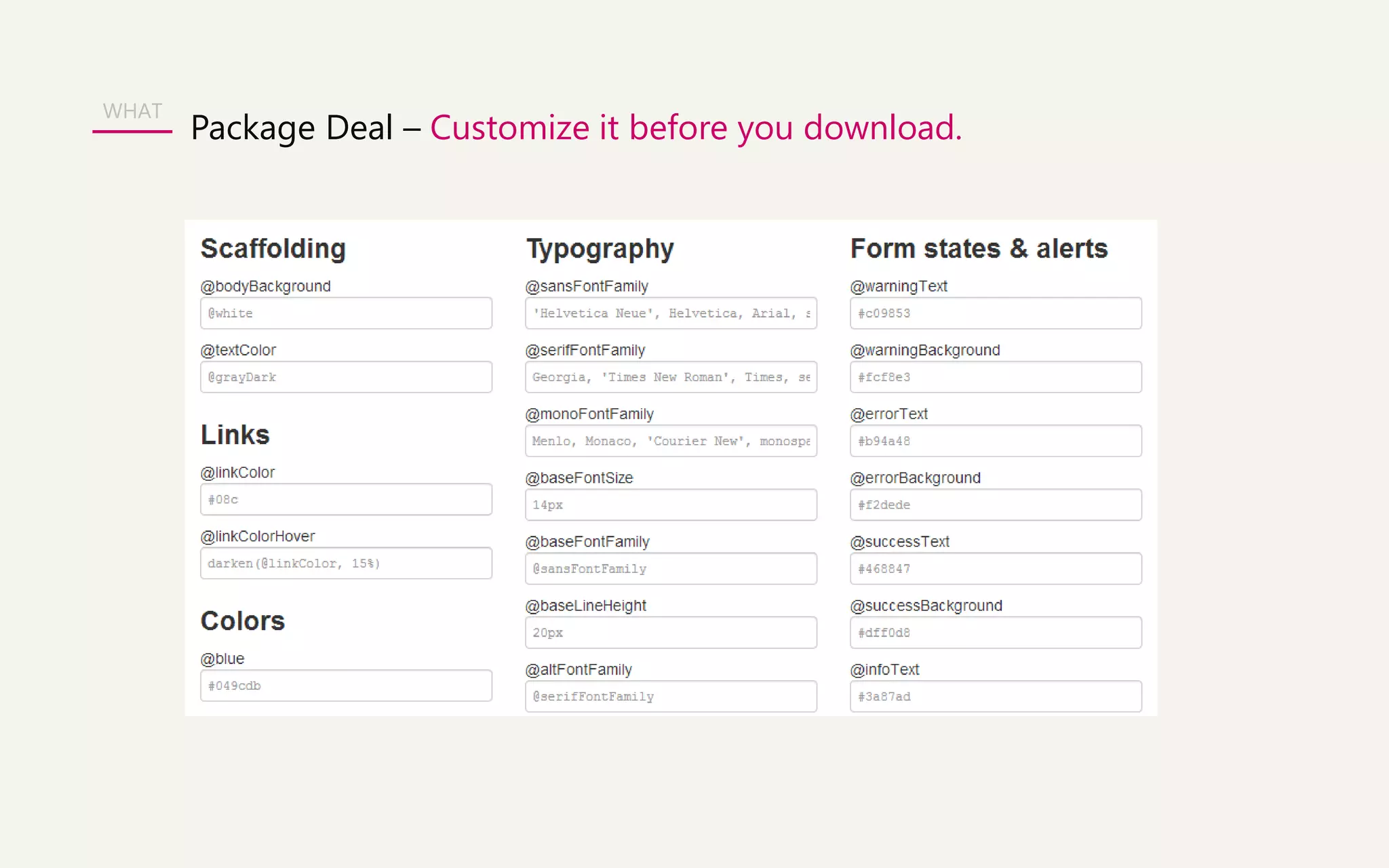 WHAT 
Package Deal – Customize it before you download. 
 