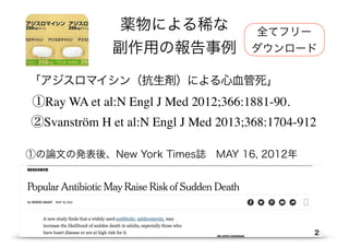 薬物による稀な
副作用の報告事例
全てフリー
ダウンロード
①の論文の発表後、New York Times誌 MAY 16, 2012年 
「アジスロマイシン（抗生剤）による心血管死」
①Ray WA et al:N Engl J Med 2012;366:1881-90.
②Svanström H et al:N Engl J Med 2013;368:1704-912
2
 
