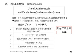 Use of Azithromycin
and Death from Cardiovascular Causes
42
P：
Danish Registyに登録された18-64歳の患者
（1997-2010年）
E： アジスロマイシンを５日間服用
C： 抗生剤を服用しない（Penicillin Vの使用）
O： 心臓血管病による死亡
T： 抗生剤処方日から５日間（最大35日間）
Svanström H et al:N Engl J Med 2013;368:1704-912
2013年NEJM発表  Database研究
• 背景：リスクが高い患者ではAzithromycinの心血管死が増加する
➡通常リスクの患者においては、心血管死は増えるか？
研究デザイン：コホート研究
Ray WAより
若年
 