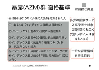 暴露(AZM)群 適格基準
44
⓪1997-2010年に外来でAZMを処方された人
① 18-64歳（インデックス日(処方日)時点）
②インデックス日前の30日間に入院歴無し
③インデックス日前の30日間に抗生剤使用無し
④インデックス日に抗生剤１種類のみ（対象
群：抗生剤なし）処方
⑤インデックス日以前に2年以上デンマーク在住
⑥インデックス日以前の1年間に処方歴が１回以
上有り
多少の医療サービ
ス享受者を対象
（対照群にも全く
受診しない人は含
まれない）
十分な背景情報
を得る目的
Svanström H et al:N Engl J Med 2013;368:1704-912
対照群と共通
 