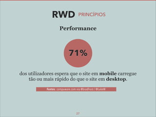 RWD

PRINCÍPIOS

Performance

71%
dos utilizadores espera que o site em mobile carregue 
tão ou mais rápido do que o site em desktop.
Fontes: compuware.com via @bradfrost / @LukeW

27

 