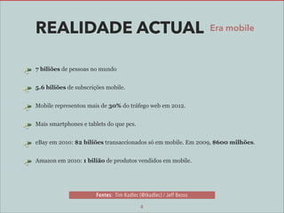 REALIDADE ACTUAL

Era mobile

7 biliões de pessoas no mundo
5.6 biliões de subscrições mobile.
Mobile representou mais de 30% do tráfego web em 2012.
Mais smartphones e tablets do que pcs.
eBay em 2010: $2 biliões transaccionados só em mobile. Em 2009, $600 milhões.
Amazon em 2010: 1 bilião de produtos vendidos em mobile.

Fontes: Tim Kadlec (@tkadlec) / Jeff Bezos
4

 