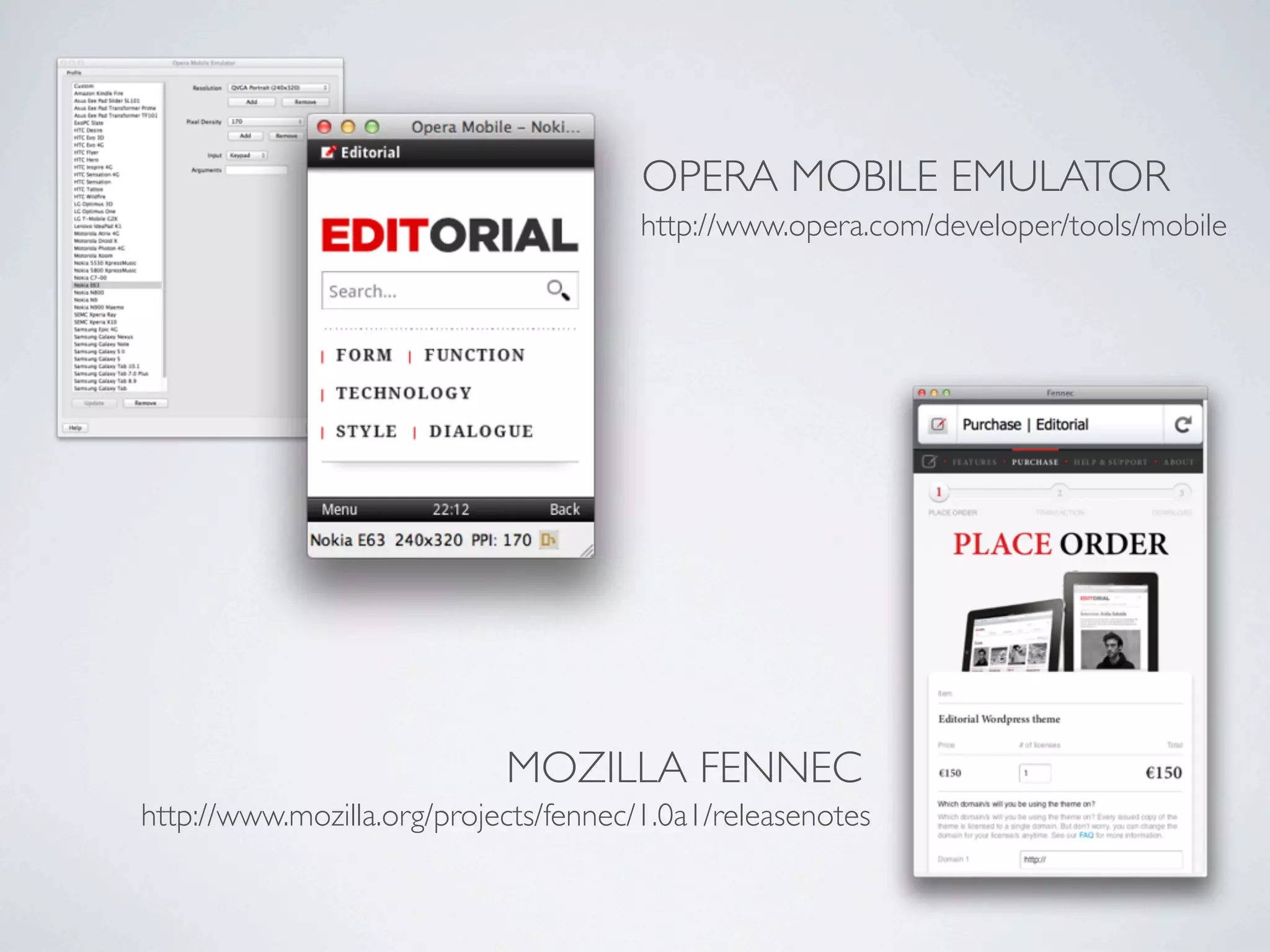 OPERA MOBILE EMULATOR
                                       http://www.opera.com/developer/tools/mobile




                            MOZILLA FENNEC
http://www.mozilla.org/projects/fennec/1.0a1/releasenotes
 
