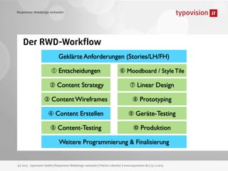 Responsive Webdesign verkaufen

Der RWD-Workﬂow
Geklärte Anforderungen (Stories/LH/FH)
➀ Entscheidungen

➅ Moodboard / Style Tile

➁ Content Strategy

➆ Linear Design

➂ Content Wireframes

➇ Prototyping

➃ Content Erstellen

➈ Geräte-Testing

➄ Content-Testing

➉ Produktion

Weitere Programmierung & Finalisierung

(c) 2013 - typovision GmbH | Responsive Webdesign verkaufen | Patrick Lobacher | www.typovision.de | 25.11.2013

 