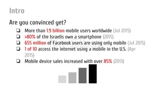 Nir ElbazNIR ELBAZNir Elbaz
Intro
Are you convinced yet?
❏ More than 1.9 billion mobile users worldwide (Jul 2015)
❏ >80% of the Israelis own a smartphone (2015)
❏ 655 million of Facebook users are using only mobile (Jul 2015)
❏ 1 of 10 access the internet using a mobile in the U.S. (Apr
2015)
❏ Mobile device sales increased with over 85% (2013)
 