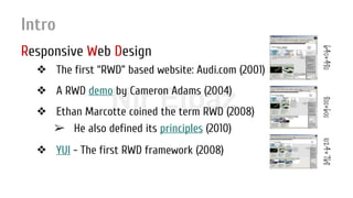Nir ElbazNIR ELBAZNir Elbaz
Intro
Responsive Web Design
❖ The first “RWD” based website: Audi.com (2001)
❖ A RWD demo by Cameron Adams (2004)
❖ Ethan Marcotte coined the term RWD (2008)
➢ He also defined its principles (2010)
❖ YUI - The first RWD framework (2008)
640×480800×6001024×768
 