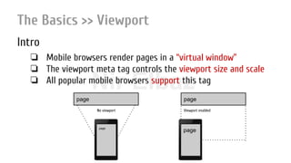 Nir ElbazNIR ELBAZNir Elbaz
The Basics >> Viewport
Intro
❏ Mobile browsers render pages in a “virtual window”
❏ The viewport meta tag controls the viewport size and scale
❏ All popular mobile browsers support this tag
page
page
page
page
No viewport Viewport enabled
 