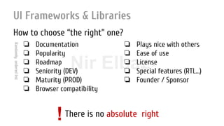 Nir ElbazNIR ELBAZNir Elbaz
UI Frameworks & Libraries
How to choose “the right” one?
❏ Documentation
❏ Popularity
❏ Roadmap
❏ Seniority (DEV)
❏ Maturity (PROD)
❏ Browser compatibility
Randomlyorderedlist
❏ Plays nice with others
❏ Ease of use
❏ License
❏ Special features (RTL...)
❏ Founder / Sponsor
There is no absolute right!
 