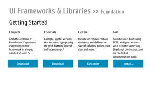 Nir ElbazNIR ELBAZNir Elbaz
UI Frameworks & Libraries >> Foundation
Getting Started
Complete Essentials Custom Sass
Grab this version of
Foundation if you want
everything in the
framework in simple,
vanilla CSS and JS.
A simple, lighter version
that includes typography,
the grid, buttons, Reveal
and Interchange.*
Include or remove certain
elements and define the
size of columns, colors, font
size and more.
Foundation is built using
SCSS, and you can work
with it in the same way.
Check out the instructions
on the Install
documentation page.
Download Download Customize Install...
 