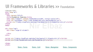 Nir ElbazNIR ELBAZNir Elbaz
UI Frameworks & Libraries >> Foundation
Demo - Forms Demo - Grid Demo - Navigation Demo - Components
 