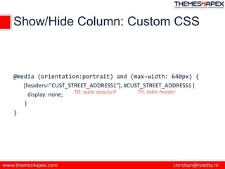 Show/Hide Column: Custom CSS
@media (orientation:portrait) and (max-width: 640px) {
[headers="CUST_STREET_ADDRESS1"], #CUST_STREET_ADDRESS1 {
display: none;
}
}
TH: table headerTD: table data/cell
 