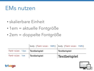 EMs nutzen 
• skalierbare Einheit 
• 1em = aktuelle Fontgröße 
• 2em = doppelte Fontgröße 
body {font-size: 100%} body {font-size: 150%} 
font-size: 12px Textbeispiel Textbeispiel 
font-size: 1em Textbeispiel Textbeispiel 
 