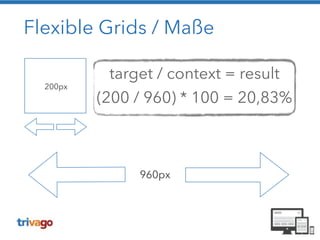 Flexible Grids / Maße 
960px 
200px 
target / context = result 
(200 / 960) * 100 = 20,83% 
 