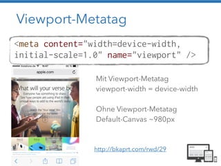 Viewport-Metatag 
<meta content="width=device-width, 
initial-scale=1.0" name="viewport" /> 
Mit Viewport-Metatag 
viewport-width = device-width 
! 
Ohne Viewport-Metatag 
Default-Canvas ~980px 
http://bkaprt.com/rwd/29 
 